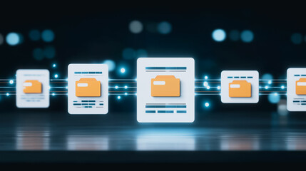 Poster - Digital Document Flow: Floating digital documents and file folders, illuminated against a backdrop of abstract blue and black.