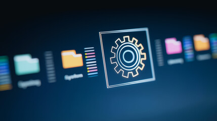 Poster - System Settings Interface: A sleek, modern close-up of a computer monitor's settings interface, highlighting a gear icon with blurred file folder icons. This visual represents technology, efficiency.