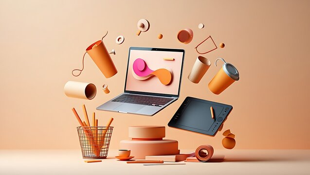 Orange and Peach Colored Objects Floating Around a Laptop and Graphics Tablet on a Peach Background A 3 D Render of Office Supplies and Technology in Mid Air Creative Workspace Concept
