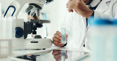 Fototapete - Science, laboratory and hands with sample on microscope for analysis, medical research and study. Healthcare, pharmaceutical and scientist with liquid in test tube for medicine, experiment or vaccine