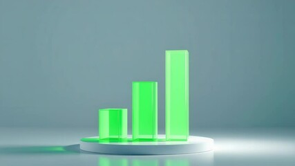Poster - A green translucent bar graph stands on a white circular platform against a minimalist blue background.