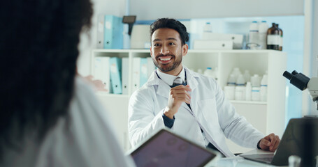 Poster - Man, scientist and smile in lab with colleague for microbiology study, report or discovery discussion. Team, microscope and technology for medical research, pharmaceutical development and solution