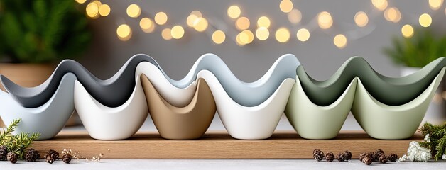 Poster - Close-up view highlights abstract wave shapes crafted from leather in brown and blue hues, set against a wooden shelf with candles