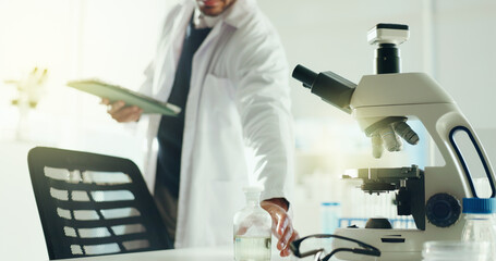 Poster - Man, scientist and hand with beaker, tablet and chemical solution for research study in lab. Science, technology and doctor with glass bottle with liquid for chemistry or pharmaceutical development