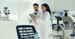 © peopleimages.com - Science, talking and people on tablet in lab for research, medical study and DNA analysis. Healthcare, teamwork and man with woman on digital tech for forensic review, biology and pathology report