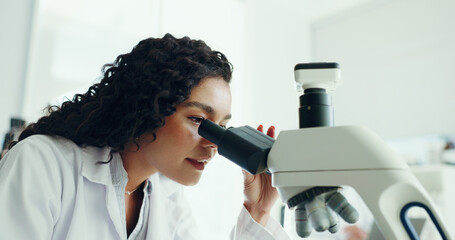 Aufkleber - Scientist, study and woman with microscope in lab for clinical trial, sample testing or experiment. Science, innovation and employee with medical equipment for cancer research and vaccine development