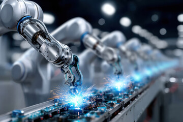 Poster - Robotic arms work on electronic components in a modern manufacturing facility