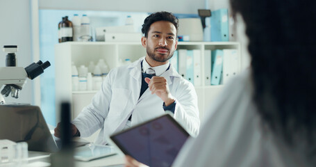 Poster - Man, scientist and discussion in lab with colleague for microbiology study, report or feedback. Team, meeting and technology for medical research, pharmaceutical development and science collaboration