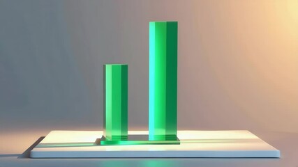 Poster - A green transparent bar chart sculpture stands on a white platform, illuminated by soft lighting in a minimalist setting.