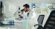 © peopleimages.com - Scientist, sample and man with microscope in lab for clinical trial, virus study and experiment. Science, innovation and employee with equipment for medical research, vaccine development and analysis