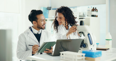Aufkleber - Happy, team and people on tablet in lab with microscope for analysis, medical research and study. Healthcare, pharmaceutical and man with woman on digital tech for results, vaccine and online report