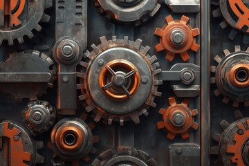 Poster - Intricate arrangement of metallic gears and cogs in a steampunk design