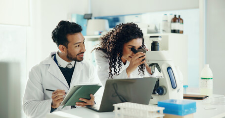 Aufkleber - Science, team and people on tech in lab with microscope for research, medical study and DNA analysis. Healthcare, biology and man with woman on laptop and tablet for forensic report and discovery