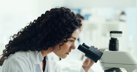 Aufkleber - Scientist, research and woman with microscope in lab for genetic testing, sample study and biology. Science, innovation and employee with medical equipment for DNA analysis, experiment or development