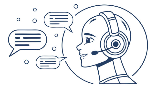 Illustration of a customer service robot with headset and speech bubbles, representing communication and ai