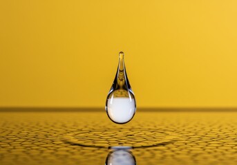 Poster - Water droplet suspended above textured yellow surface with ripple effect
