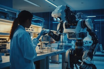 Poster - Scientist collaborates with advanced robot in laboratory during evening research