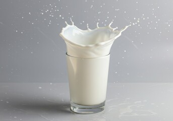 Poster - Milk splashing out of a glass, creating a crown shape against a gray background