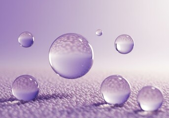 Poster - Closeup view of several translucent purple water droplets on a textured surface