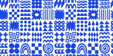 Poster - Vector seamless pattern in simple groovy naive style, geometric shapes hand drawn design background, modern art prints, surface design