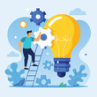 © shahin - Creative problem solving concept with a man climbing to connect gear to lightbulb