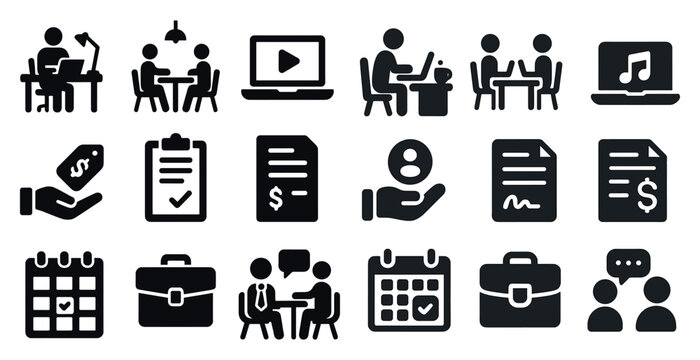 Business and office solid icons set – filled, corporate and productivity graphics