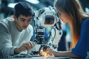 Poster - Young engineers collaborating with robotic arm in laboratory setting during workshop