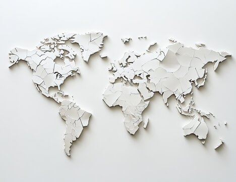 A stylized, 3D world map, rendered in white, appears fractured.  Cracks run through the continents, giving a sense of fragility or division
