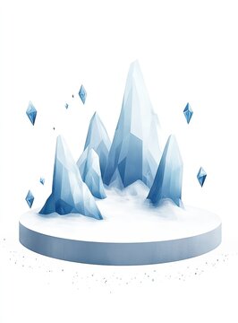 A stylized, 3D ice mountain landscape on a circular pedestal, rendered in light blue tones, with scattered icy shards