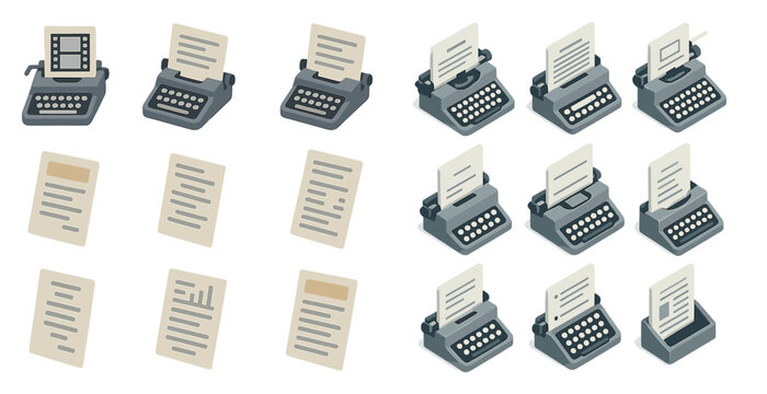 Vintage typewriter isometric icons set – classic, retro writing and office symbols