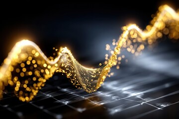 Poster - Flowing golden waves represent sound in a dynamic audio visualization at night