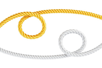 Gold and silver silk ropes with loops or knots 3d render set. Round frames of satin cord, isolated golden and metal decorative sewing threads, tie borders, curve and twisted strings