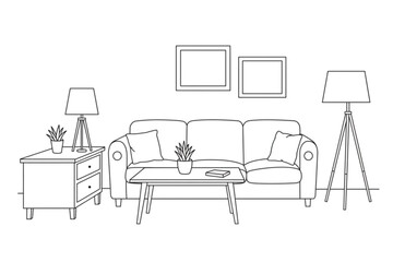 Poster - Modern Living Room Line Art Design featuring Sofa Plants Lamps and Coffee Table perfect for Home Decor or Interior Design Projects