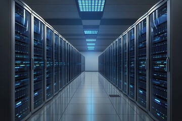 Poster - Data center corridor showcasing advanced server technology during nighttime illumination