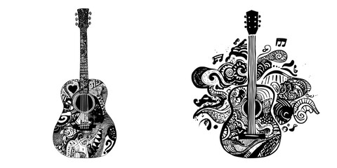 Poster - an illustration of a guitar in doodle art style with a black and white color scheme