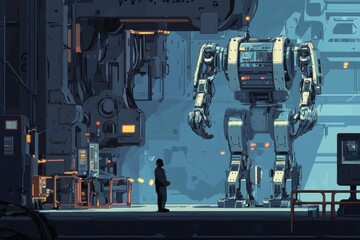 Poster - Worker examines large mech in futuristic workshop environment