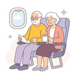 © Elmar - Flat vector illustration of a happy elderly couple sitting on airplane seats. The man is reading, the woman holds a cup of coffee. Cozy travel concept with window view.