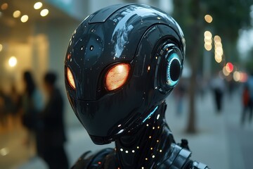 Poster - Futuristic robot with glowing features stands in urban street at dusk