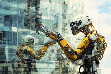 Poster - Robotic figure reflecting on futuristic glass building in cityscape