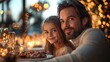 © Євген Луганський - Joyful father and daughter sharing a festive dinner with holiday lights twinkling in the background, capturing the warmth of family connections.
