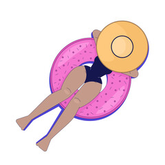 Poster - Black woman relaxing on donut float top view 2D cartoon character. Swimwear girl floating on inflatable doughnut ring flat vector faceless person isolated on white. Spot illustration colorful