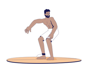 Poster - African american man surfing on board 2D cartoon character. Water sport. Muscular bearded black male surfer standing on surfboard flat vector person isolated on white. Spot illustration colorful