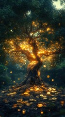 Poster - Magical Tree of Wealth: Golden Leaves and Mystical Light in Forest