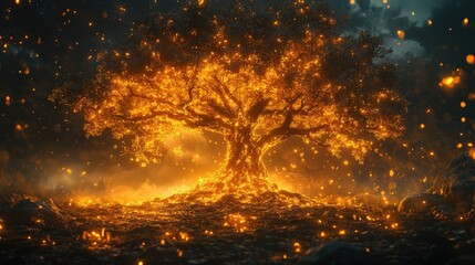 Poster - Fiery Tree of Life with Golden Light and Sparkles, Conceptual Art