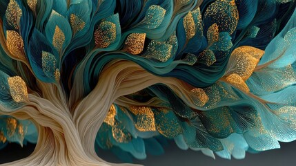 Aufkleber - Abstract Teal and Gold Tree Artwork. Nature Inspired Design.