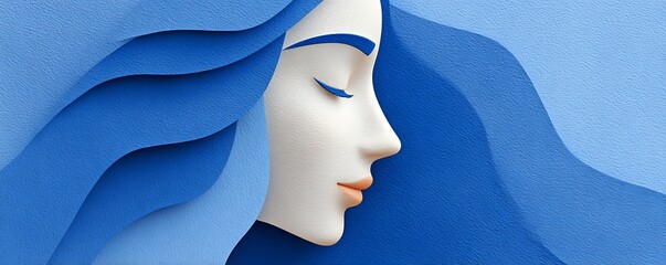 Aufkleber - Artistic depiction of a woman's face in profile with blue hair and serene expression in a layered style