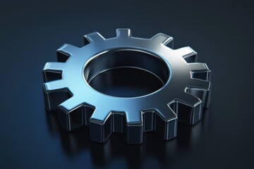 Poster - Shiny metallic gear on a dark reflective surface showcasing mechanical design and precision engineering
