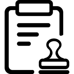 Poster - A black and white icon showing a document on a clipboard with lines and a stamp next to it for approval