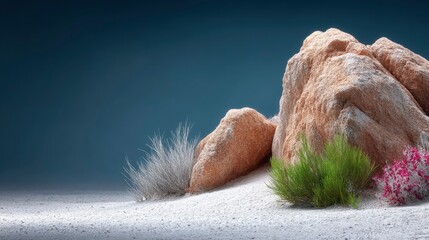 Fototapete - Desert Landscape with Beige Rocks and Green Plants