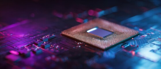 Fototapete - The microchip glowing on a vibrant circuit board illuminated by colorful lights.